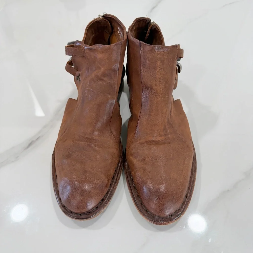 A.S.98 Women Distressed Cognac Leather Western Bootie Buckle Detail - Size 10